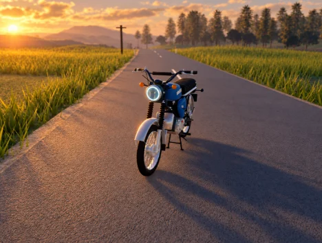 Blaues Moped auf einer ruhigen Landstraße.